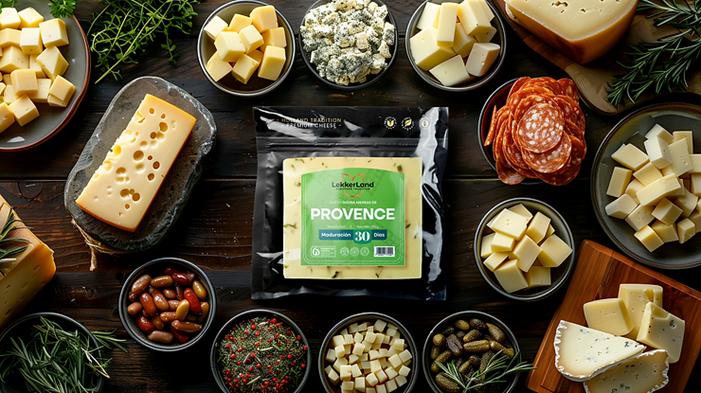 Assorted cheeses and charcuterie with Lekkerland Provence cheese in center, surrounded by slices, cubes, herbs, olives, and sliced meat on a dark wooden table