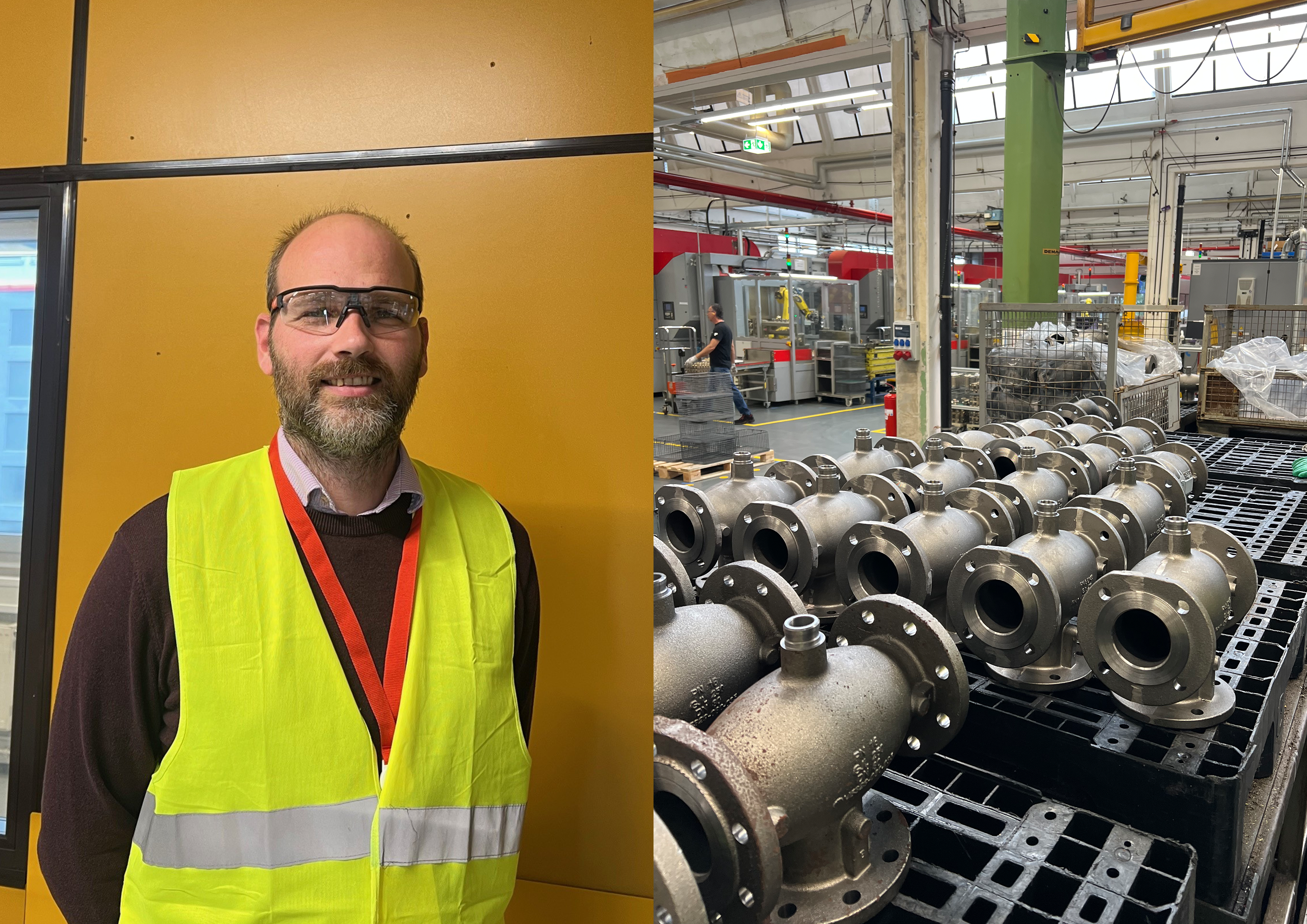 Kiwa auditor in safety gear and industrial warehouse with metal components