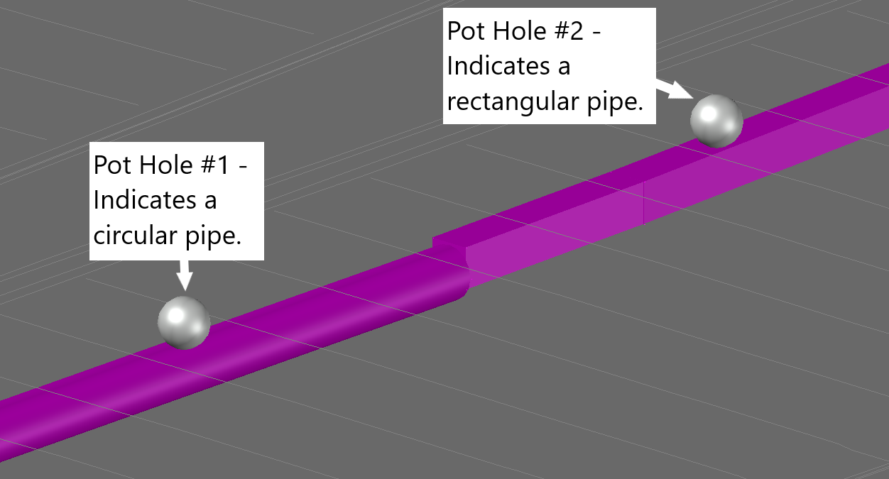 Diagram showing two potholes indicating underground pipes. Pothole #1 signifies a circular pipe, and Pothole #2 denotes a rectangular pipe, illustrated with labeled spheres on a purple pipeline background