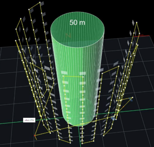 3D graphic of a green cylinder labeled "50 m" with surrounding grid lines and measurements on a dark background, illustrating spatial dimensions and modeling concepts