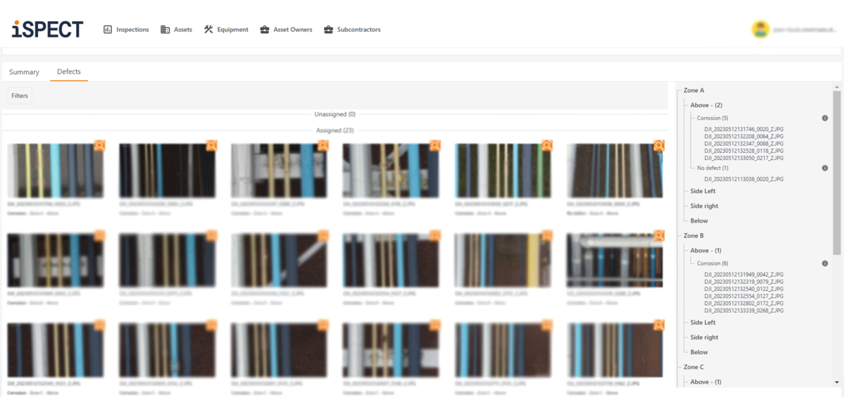 iSPECT software interface displaying inspection images and categorized defects, with filter options and a sidebar listing zones and defect types