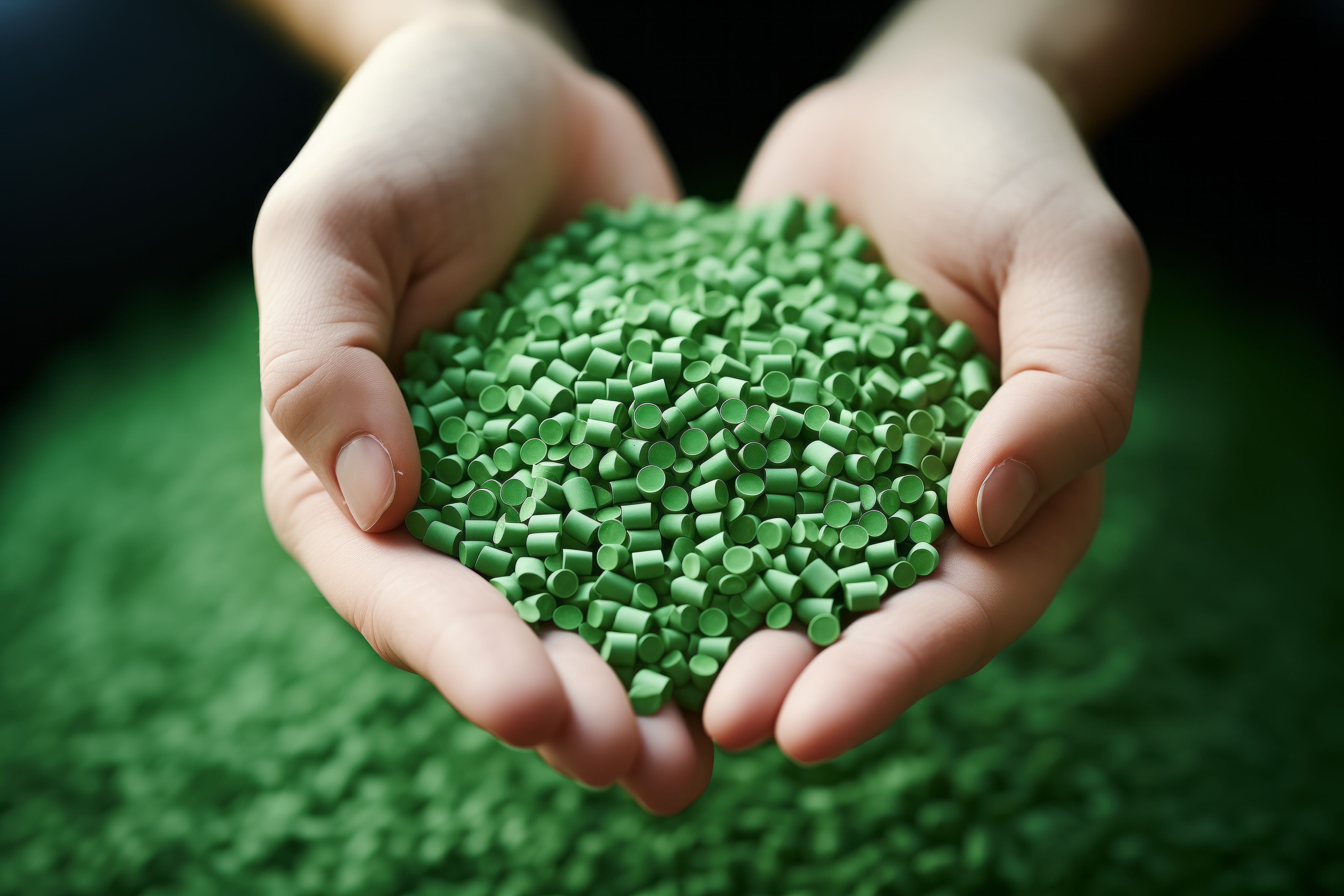 Hands holding green plastic pellets, showcasing raw plastic materials in manufacturing