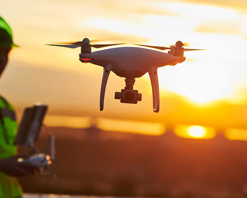 close-up on a drone in the sunset