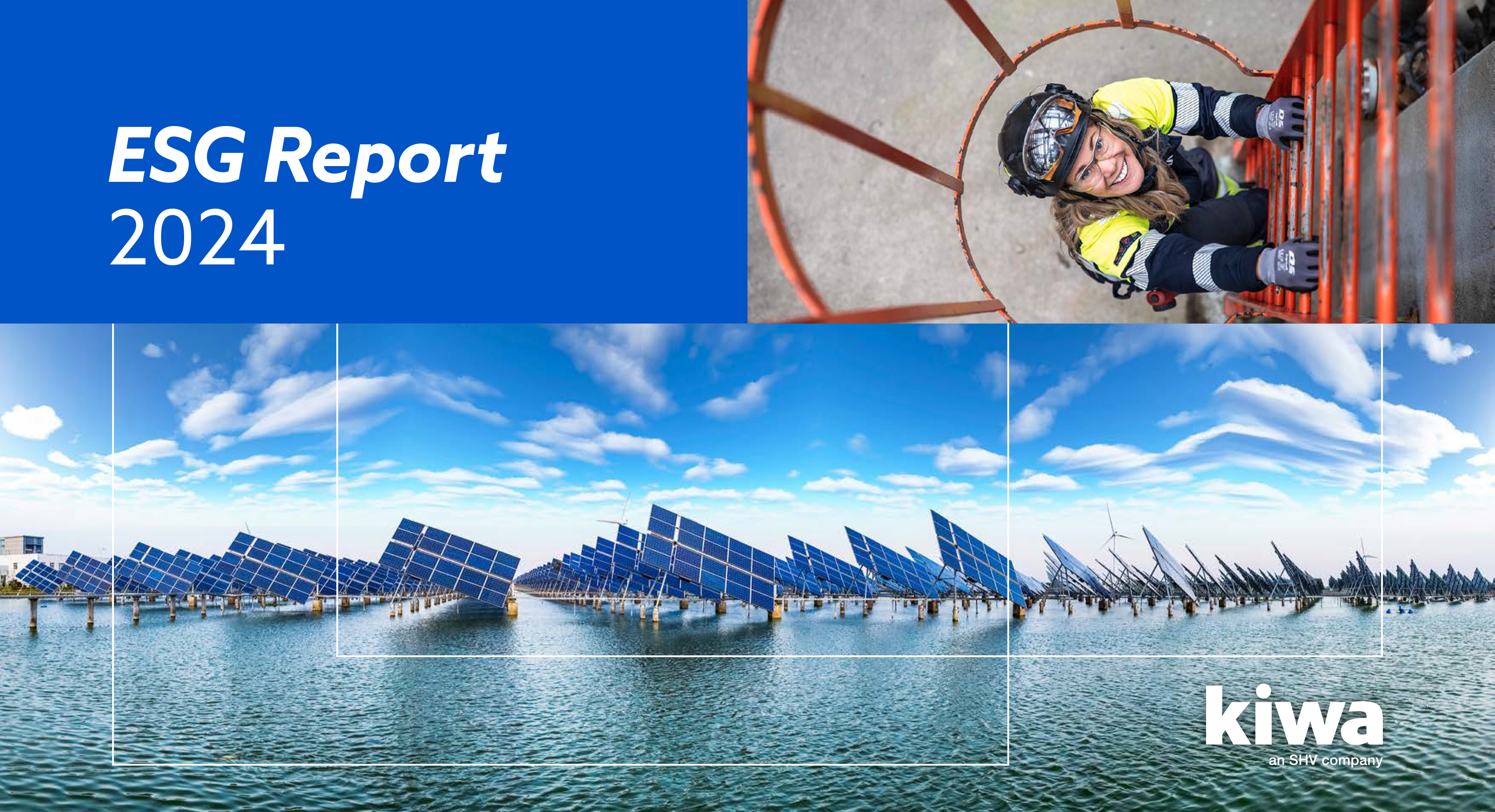 Kiwas ESG rapport för 2024 - rapportens framsida visar flera rader med solpaneler placerade över vatten. 