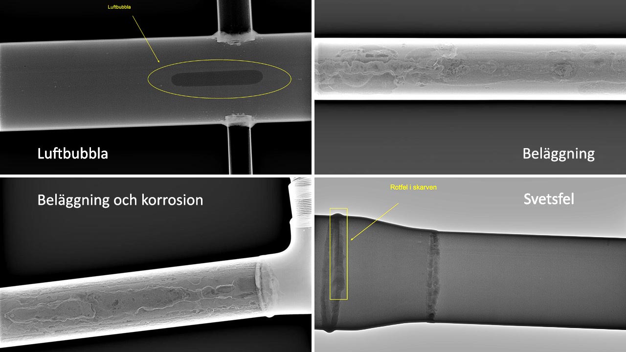 Digital r&ouml;ntgenbilder av r&ouml;r vid visuell inspektion som visar exempel p&aring; skador eller defekter som kan uppkomma i ett sprinkelsystem.